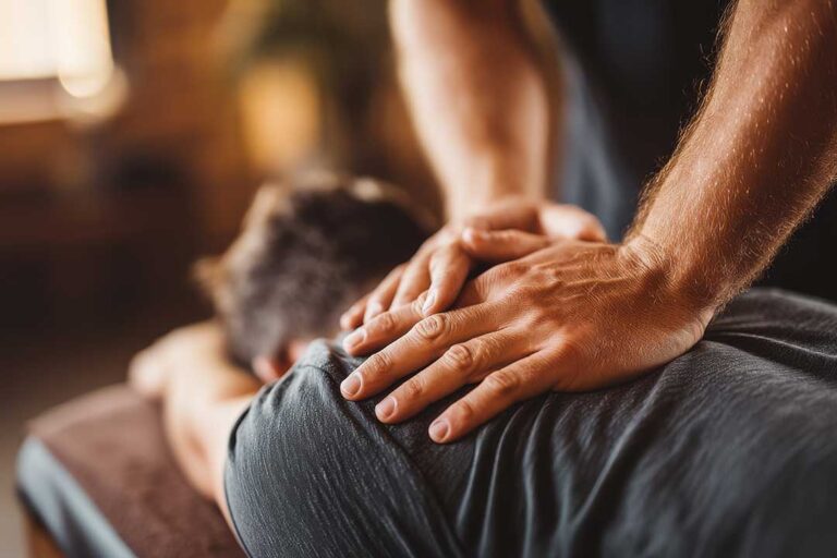 Adult stretching a knee beside a warm compress and a bowl of fresh vegetables at home.